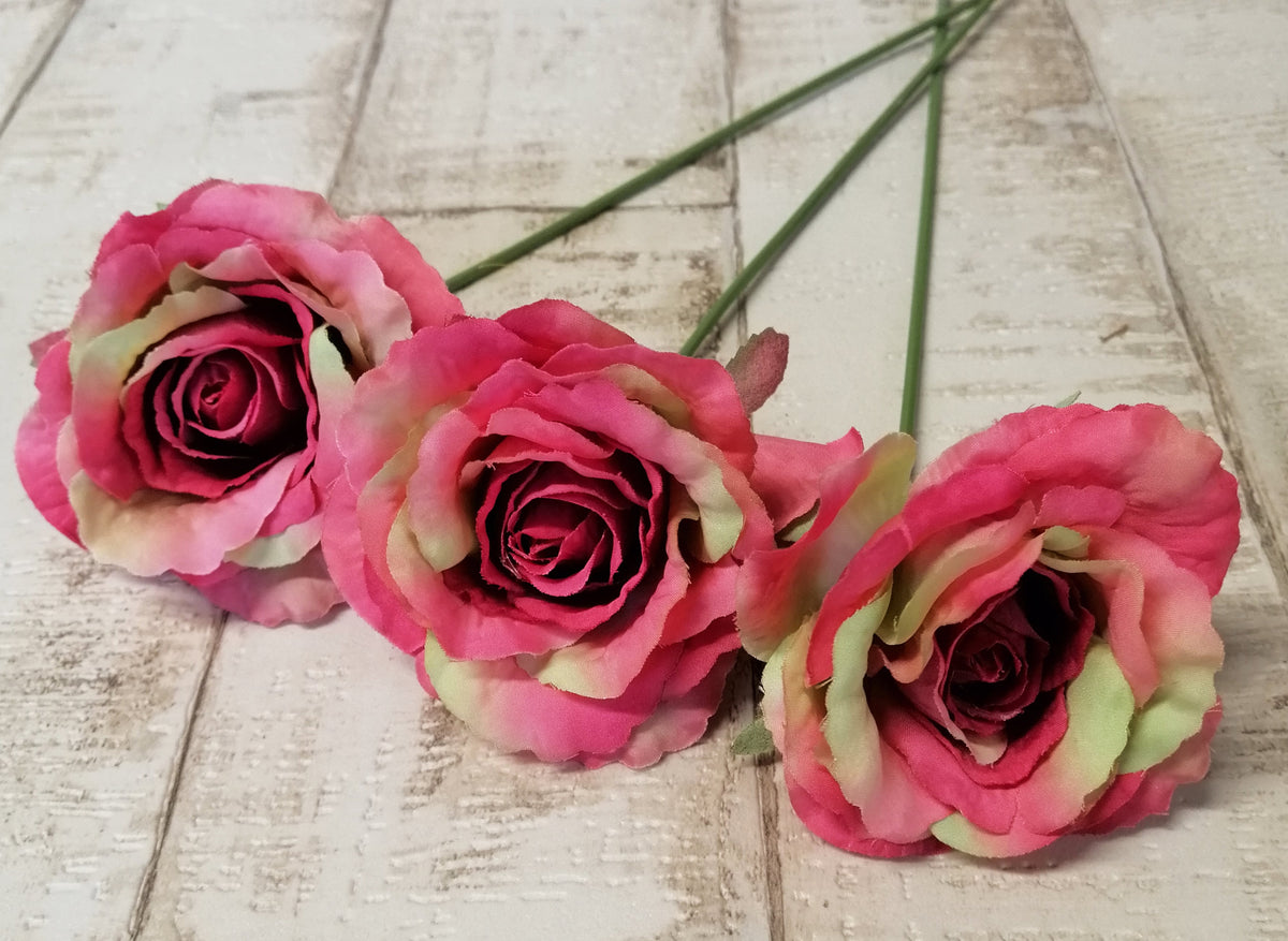 Rosenblüten rosa-grün mit Stiel 3 Stck. 6,5/23cm künstlich