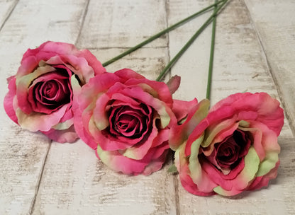 Rosenblüten rosa-grün mit Stiel 3 Stck. 6,5/23cm künstlich