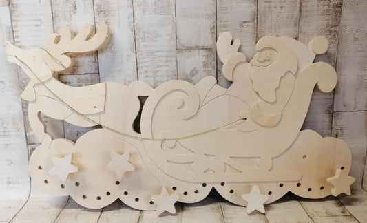 Weihnachtskalender 60cmx35cm Holz-Schlitten mit Weihnachtsmann zum bemalen basteln Handarbeiten