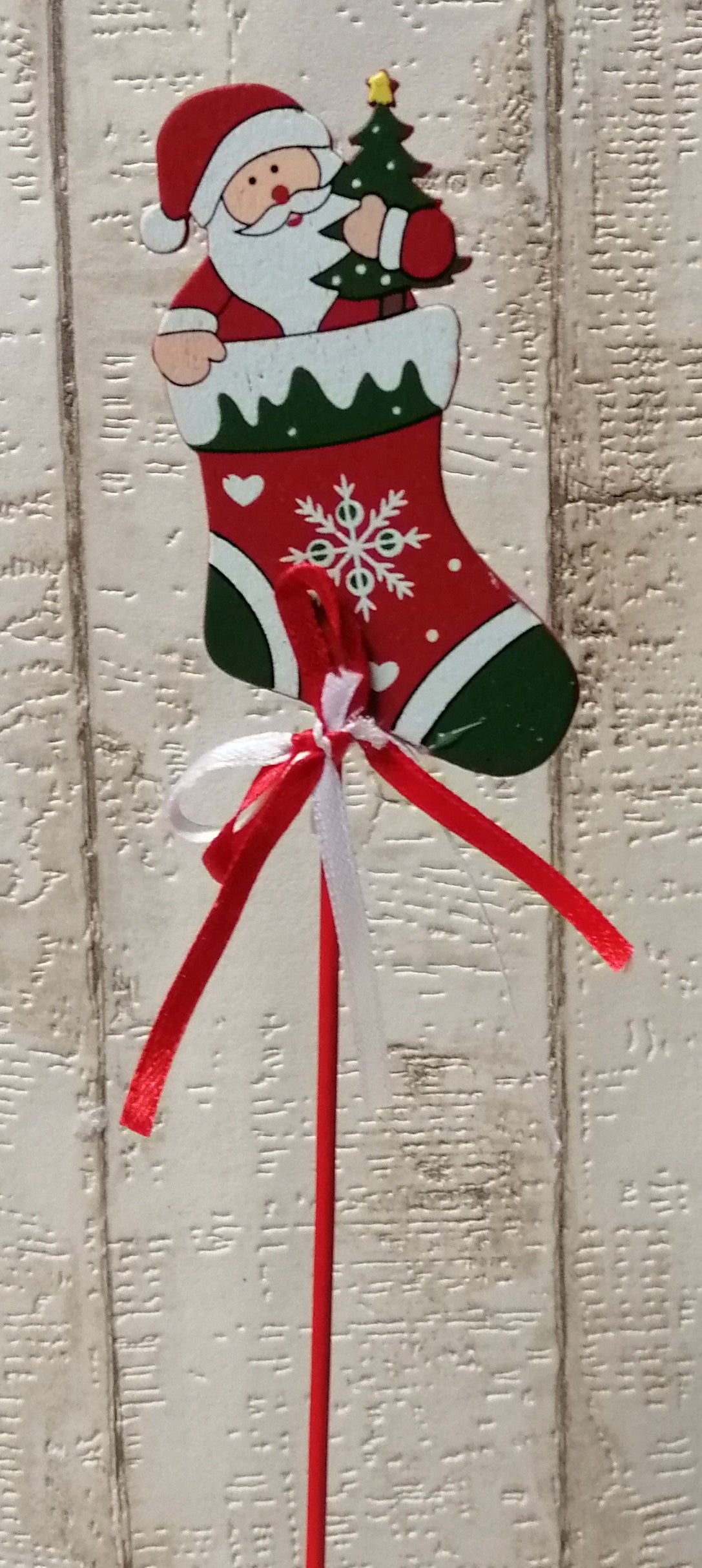 Strumpf mit Weihnachtsmann Holz Stecker rot-grün 9 x 5cm /28cm zum Basteln Dekoration