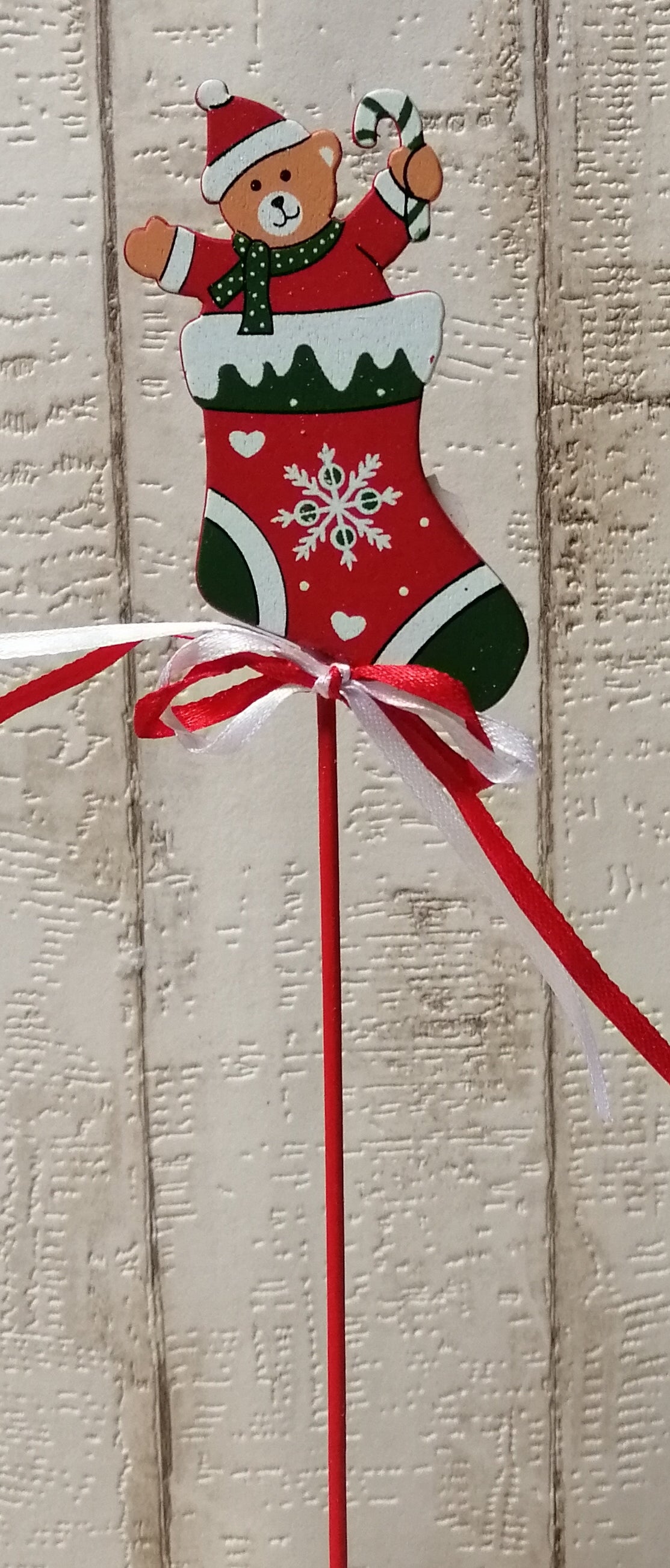 Strumpf mit Teddy Weihnachten Holz Stecker rot-grün 9 x 5cm /28cm zum Basteln Dekoration