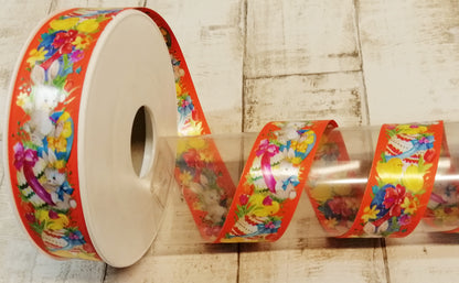 Dekoband Ostern Frühling Polyband beidseitig bedruckt Hase Eier Blumen 30mm breit 100M/Rolle