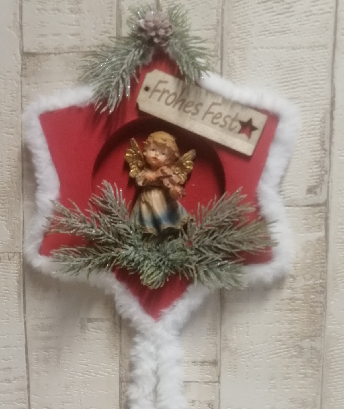 Türkranz Stern Weihnachtsdeko rot-weiß ca. 22x40cm mit Engel Handarbeit, Einzelstück