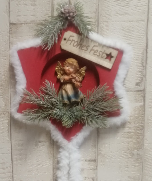 Türkranz Stern Weihnachtsdeko rot-weiß ca. 22x40cm mit Engel Handarbeit, Einzelstück