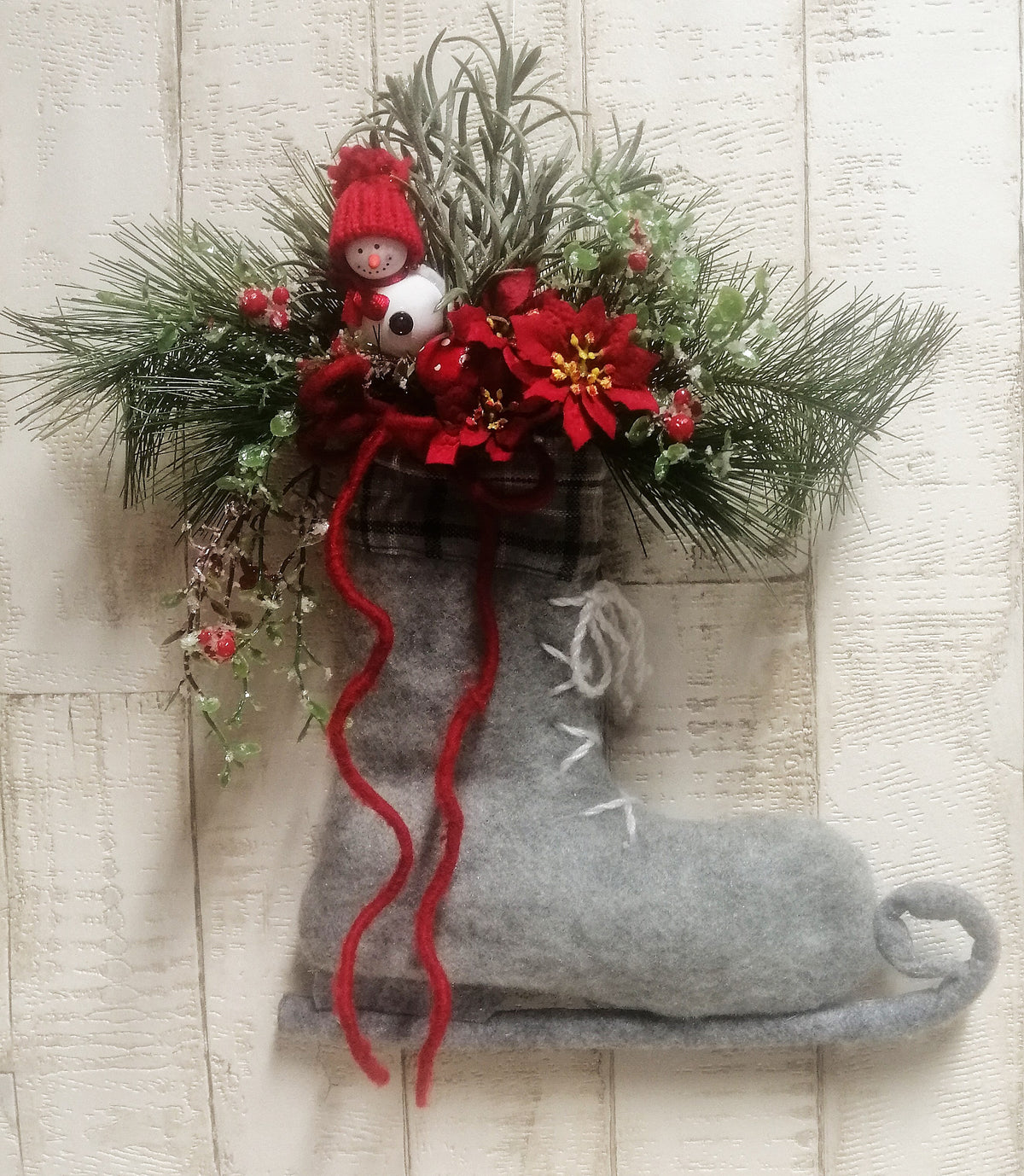 Türkranz Dekorativer Filzschlittschuh grün-rot  Weihnacht Winter ca.30x35cm Handarbeit Einzelstück