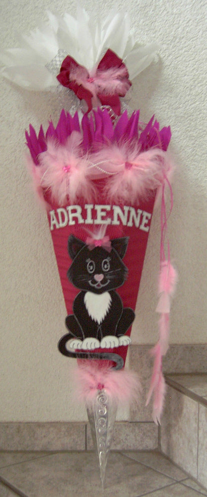 Schultüten Bastelset Katze schwarz / pink-weiß mit Federn
