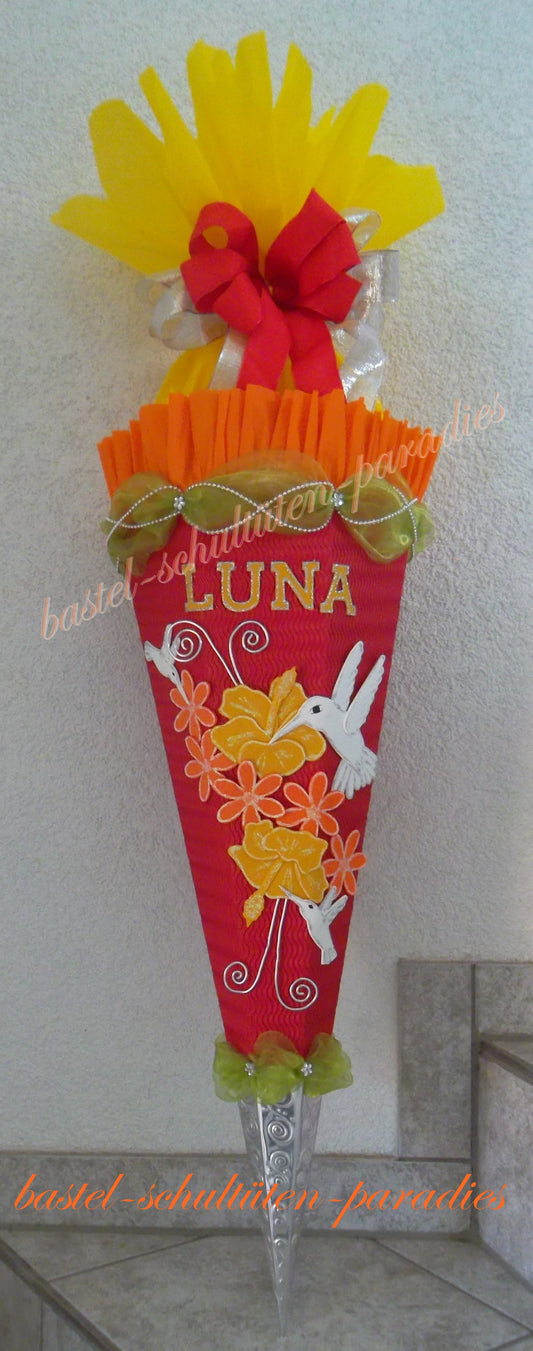 Schultüten Bastelset Kolibri /Hummingbird mit Organza rot-orange-gelb