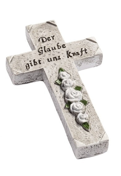 Kreuz mit weißen Rosen, grünen Blättern und Schriftzug Der Glaube gibt uns Kraft, ca. 7 cm, HobbyFun HF3870153