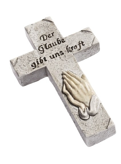 Kreuz mit betenden Händen und Schriftzug Der Glaube gibt uns Kraft, ca. 7 cm, HobbyFun HF3870155