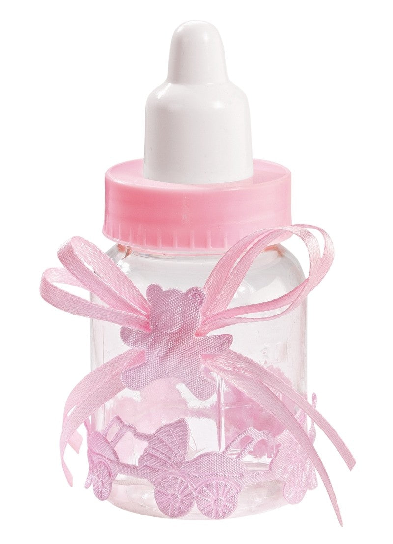 Transparente Deko-Babyflasche mit rosa Verschluss, Schleife und Teddy-Dekor, HobbyFun HF3840001