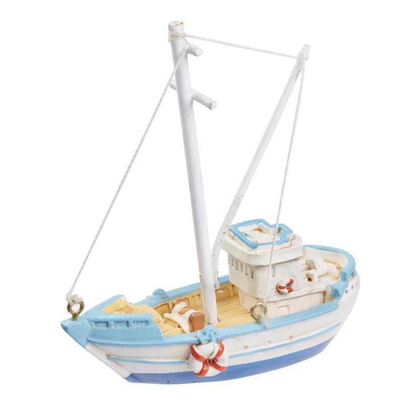 Blau-weißes Miniatur-Fischerboot mit blauem Rumpfunterteil, Mast und rot-weißen Rettungsringen, HobbyFun HF3870743