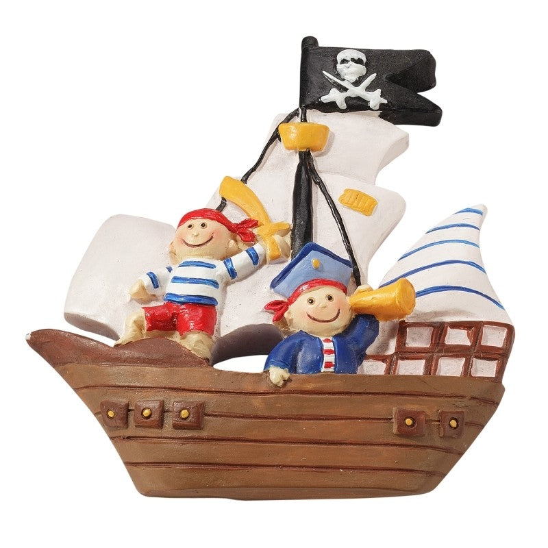 Braunes Miniatur-Piratenschiff mit zwei Piraten, weißen Segeln und schwarzer Totenkopfflagge, HobbyFun HF3870142