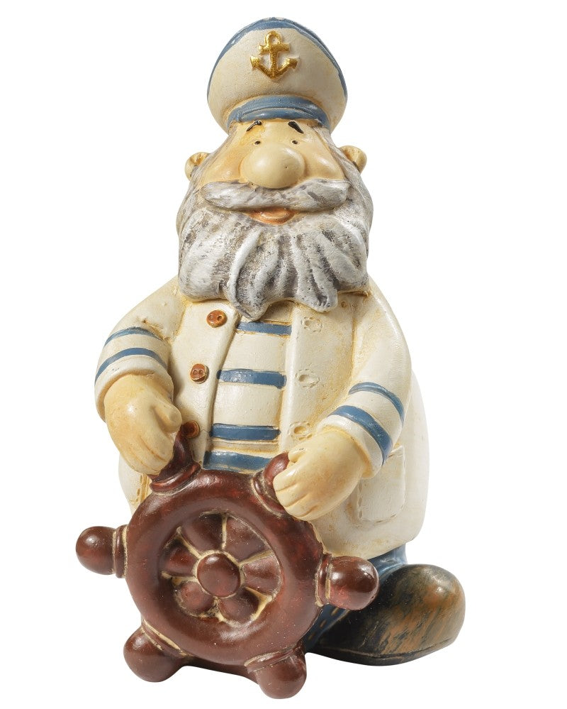 Bärtiger Miniatur-Seemann mit Kapitänsmütze, blau-weiß gestreiftem Oberteil und braunem Steuerrad