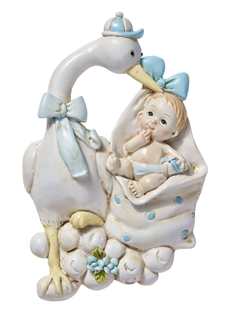 Weißer Miniatur-Storch mit Baby im Tuch und hellblauen Schleifen, flaches 2D-Motiv, HobbyFun HF3870082