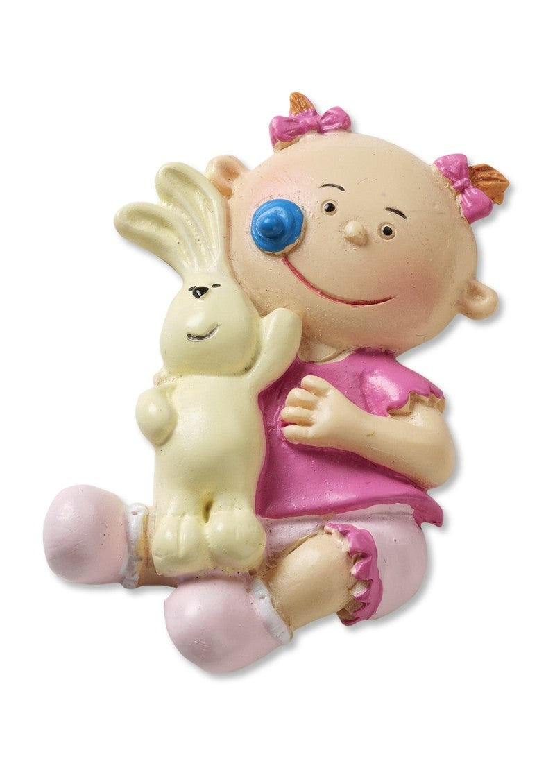 Sitzendes Miniatur-Baby in rosa Kleidung mit rosa Haarschleifen und hellem Häschen, HobbyFun HF3870024