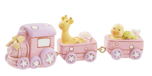 Rosa Miniatur-Eisenbahn mit Lokomotive und zwei Waggons mit Giraffe und Ente, 9 cm lang, HobbyFun HF3870582