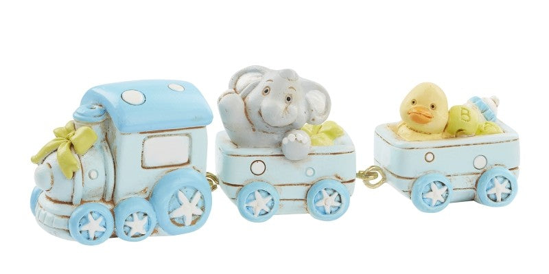 Hellblaue Miniatur-Eisenbahn mit Lokomotive und zwei Waggons mit grauem Elefanten und gelber Ente, 9 cm lang, HobbyFun HF3870583