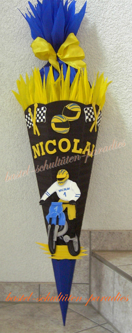 Schultüten Bastelset Motocross schwarz-blau-gelb