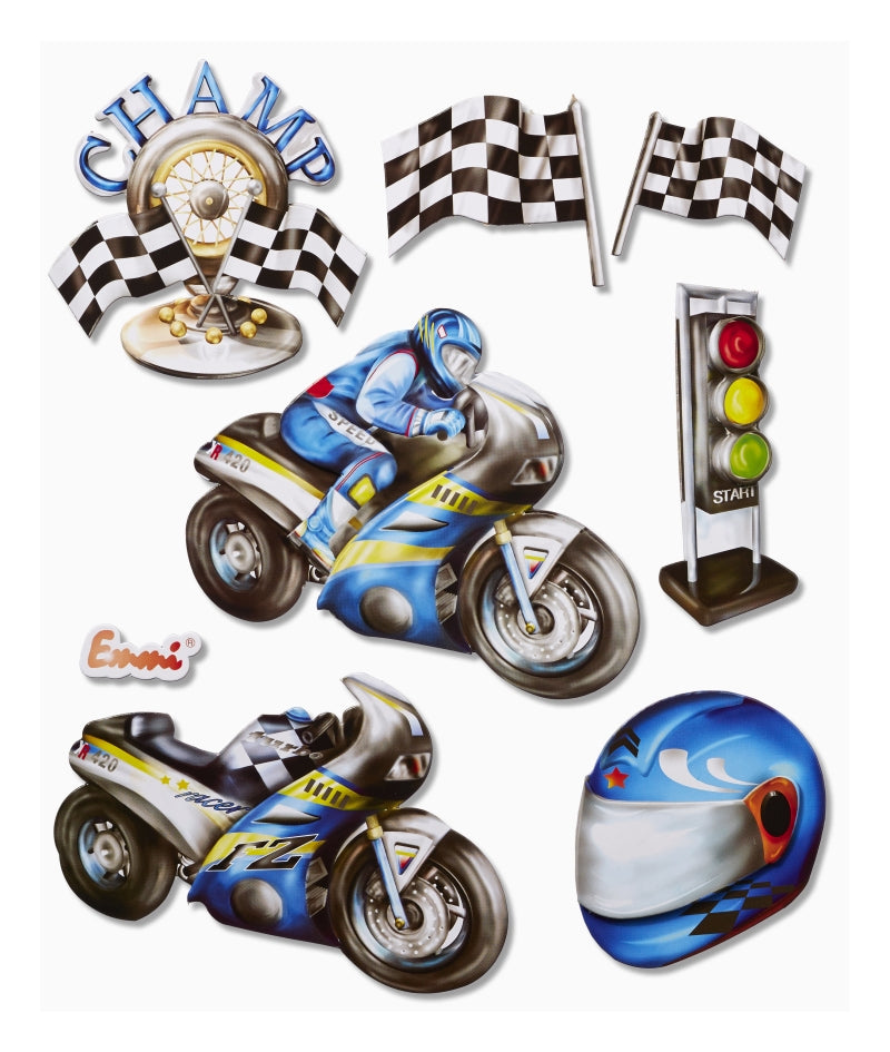 XXL-Sticker Motorrad mit Rennfahrer, Motorrädern, Helm, Rennflaggen und Startampel, HobbyFun HF3452545