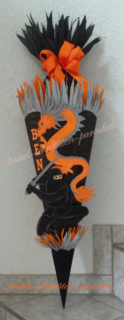 Schultüten Bastelset Ninja mit Drachen schwarz-orange