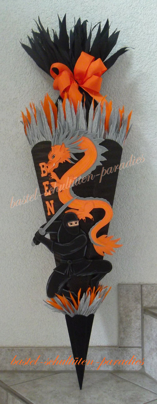 Schultüten Bastelset Ninja mit Drachen schwarz-orange