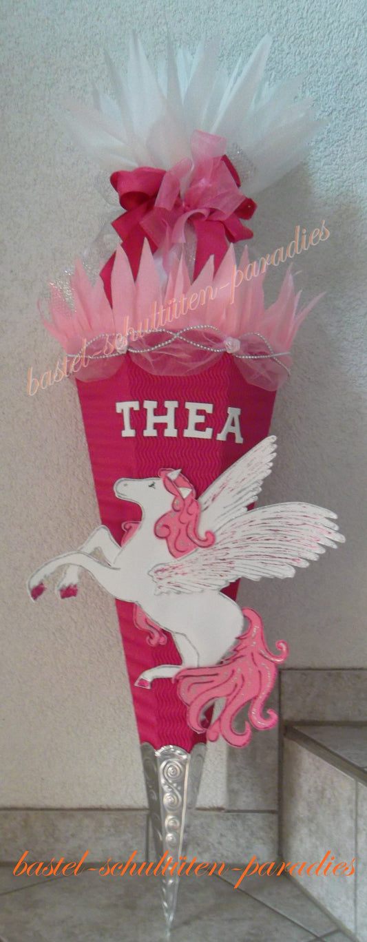 Schultüten Bastelset Pegasus / Einhorn mit Organza pink-rosa-weiß