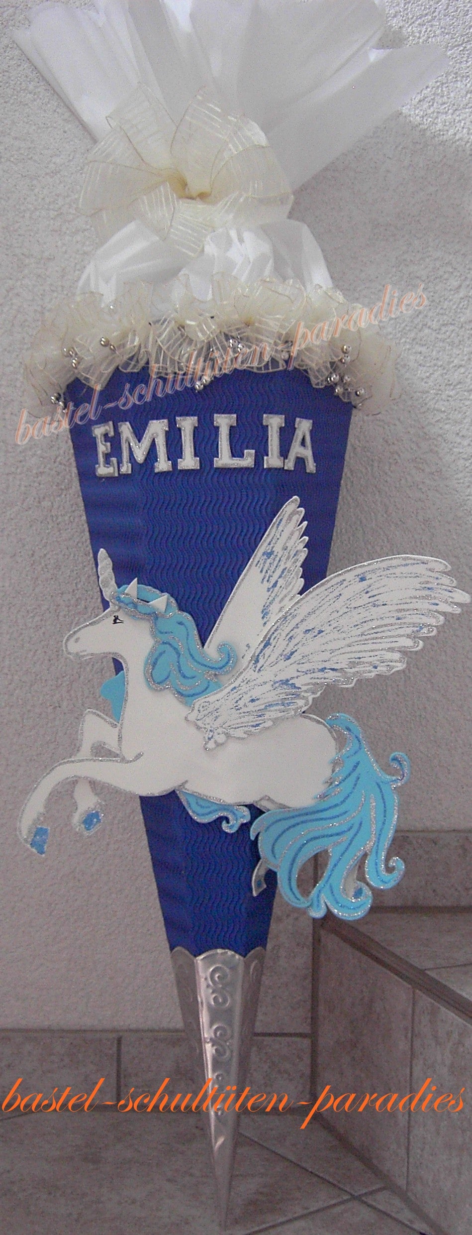 Schultüten Bastelset Pegasus / Einhorn mit Schleifenband-Rüsche blau-weiß