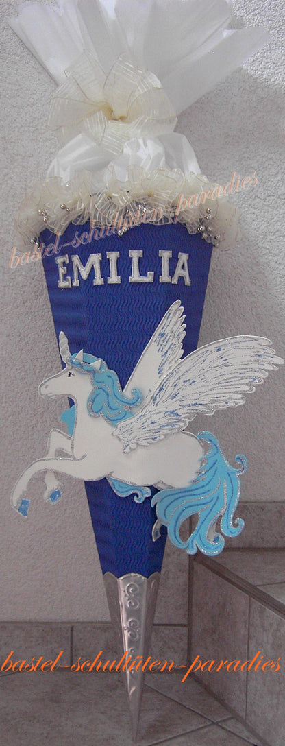 Schultüten Bastelset Pegasus / Einhorn mit Schleifenband-Rüsche blau-weiß