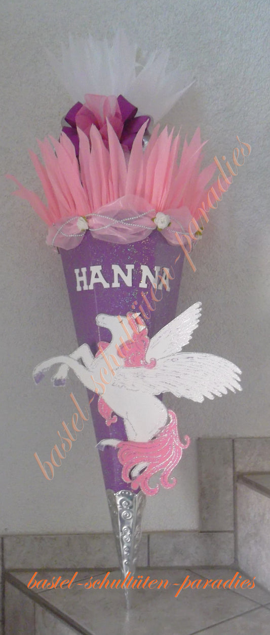 Schultüten Bastelset Pegasus / Einhorn mit Organza und Glitzer-Rohling lila-rosa-weiß