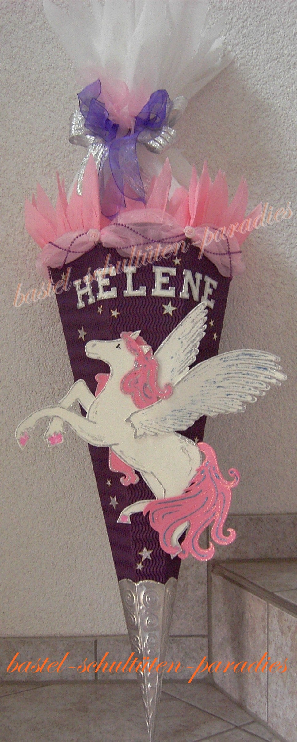 Schultüten Bastelset Pegasus / Einhorn mit Organza lila-rosa-weiß mit Sternen
