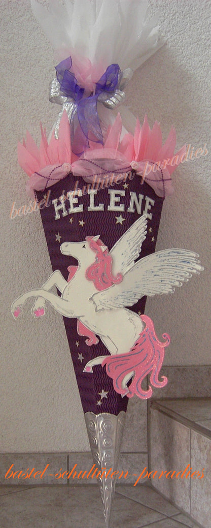 Schultüten Bastelset Pegasus / Einhorn mit Organza lila-rosa-weiß mit Sternen