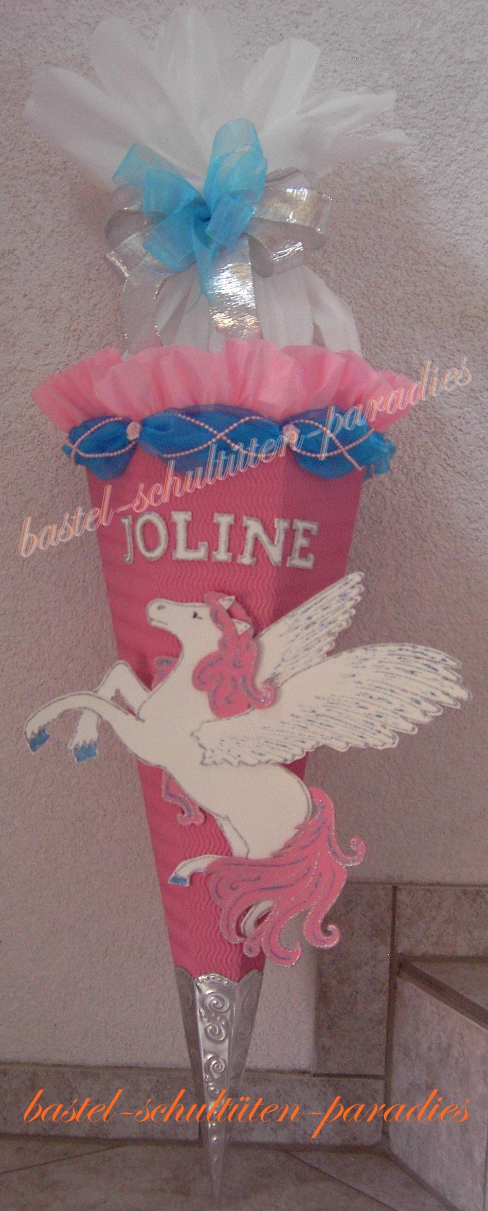 Schultüten Bastelset Pegasus / Einhorn mit Organza rosa-hellblau-weiß