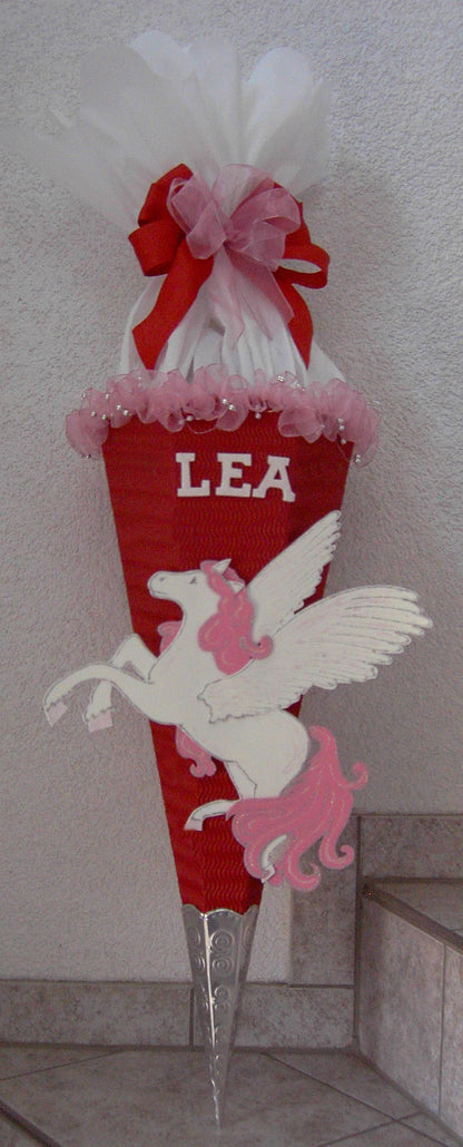 Schultüten Bastelset Pegasus / Einhorn mit Schleifenband-Rüsche rot-weiß