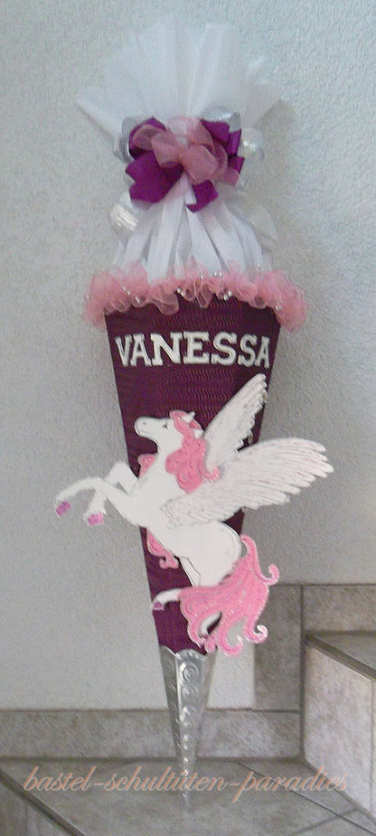 Schultüten Bastelset Pegasus / Einhorn mit Schleifenband-Rüsche lila-rosa-weiß