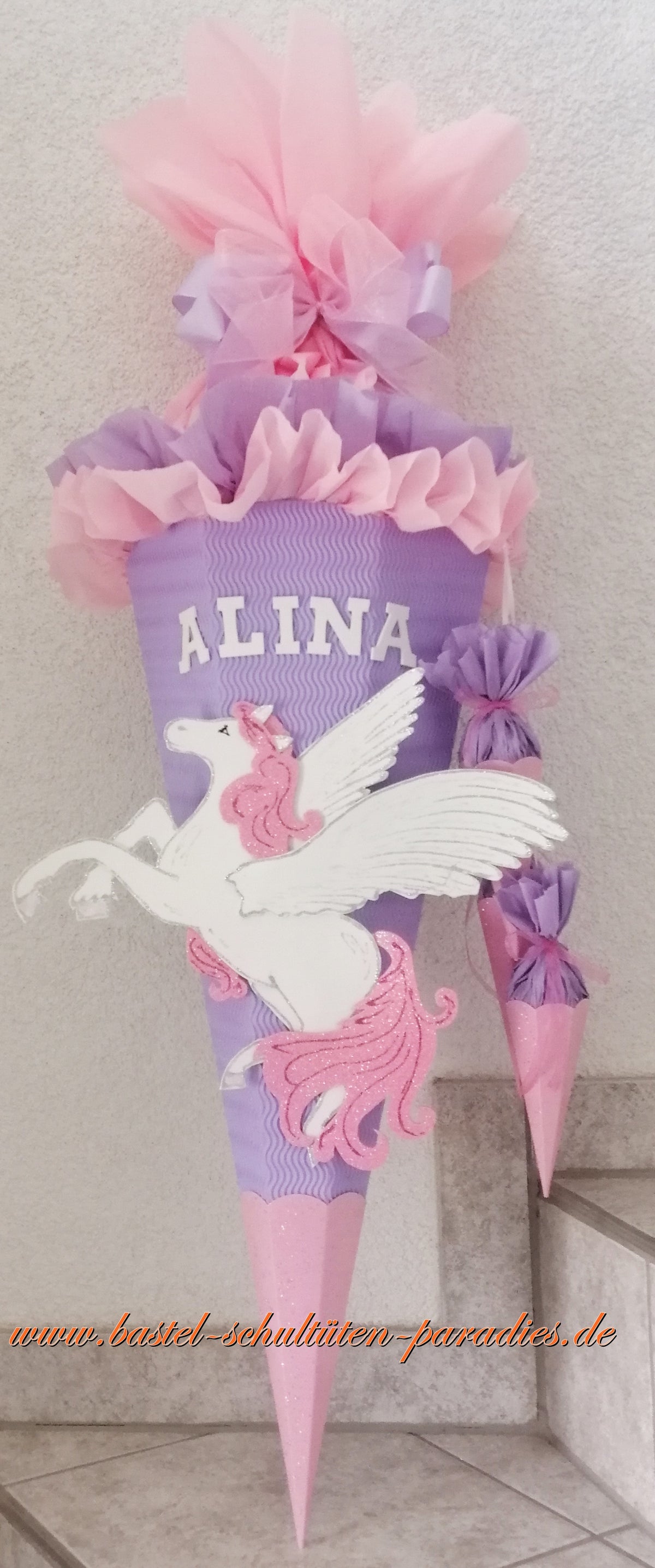 Schultüten Bastelset Pegasus flieder-rosa-weiß-Glitter mit 3 kleinen Tüten zum Anhängen