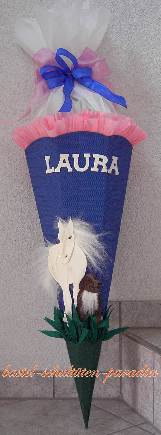 Schultüten Bastelset Pferd mit Hund / blau-grün-rosa
