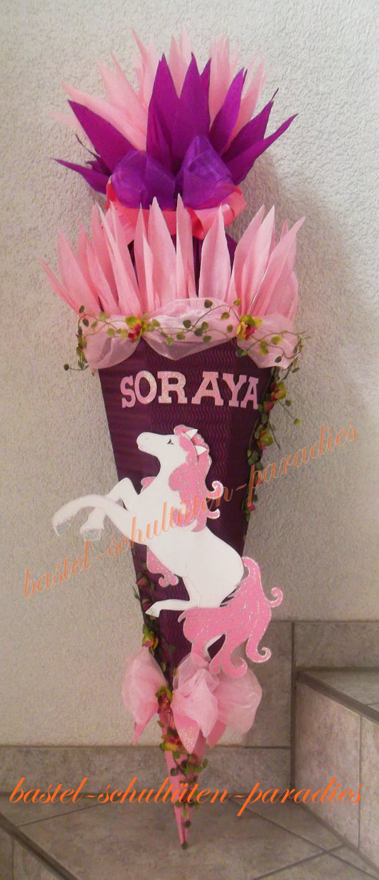 Schultüten Bastelset Pferd mit Organza lila-rosa mit Blumen