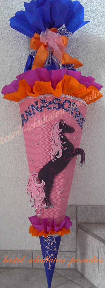 Schultüten Bastelset Pferd schwarz rosa-blau-orange