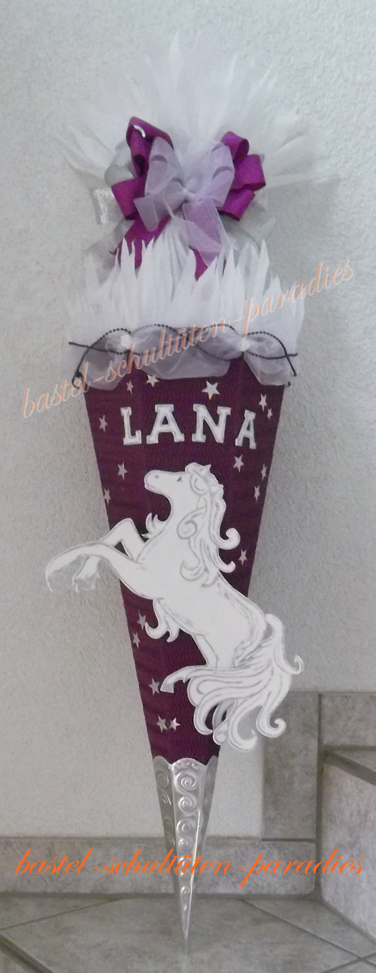 Schultüten Bastelset Pferd/Einhorn lila-weiß mit Organza+Sterne
