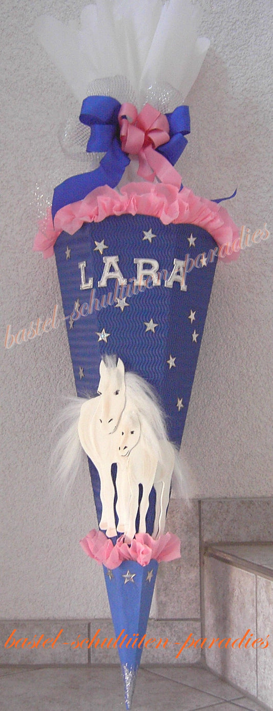 Schultüten Bastelset Pferde weiß mit Sternen/ blau-rosa-weiß