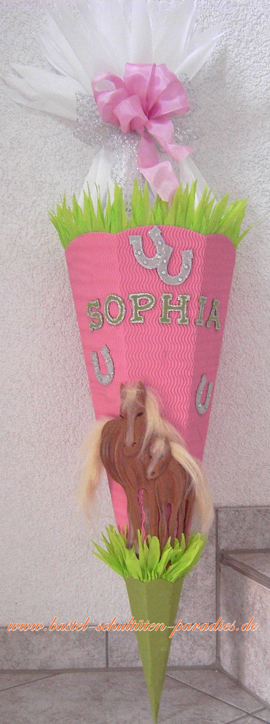 Schultüten Bastelset Pferde braun mit Hufeisen/ rosa-grün