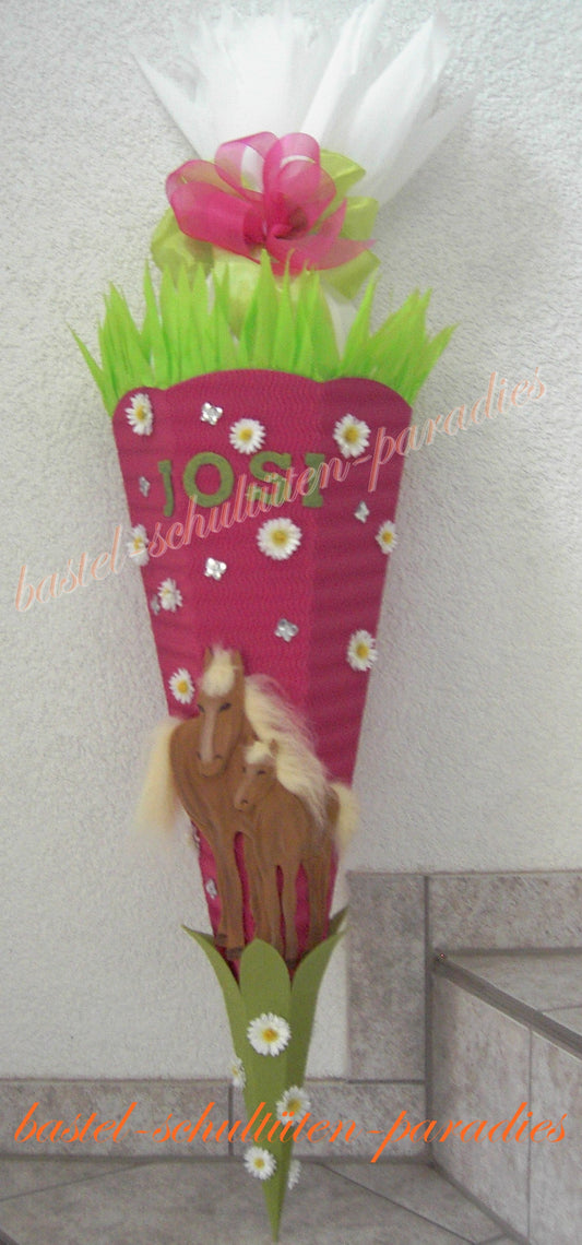 Schultüten Bastelset Pferde braun mit gr. Margeriten/ pink-grün
