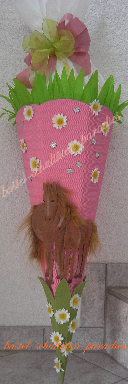 Schultüten Bastelset Pferde mit gr. Margeriten / rosa-grün