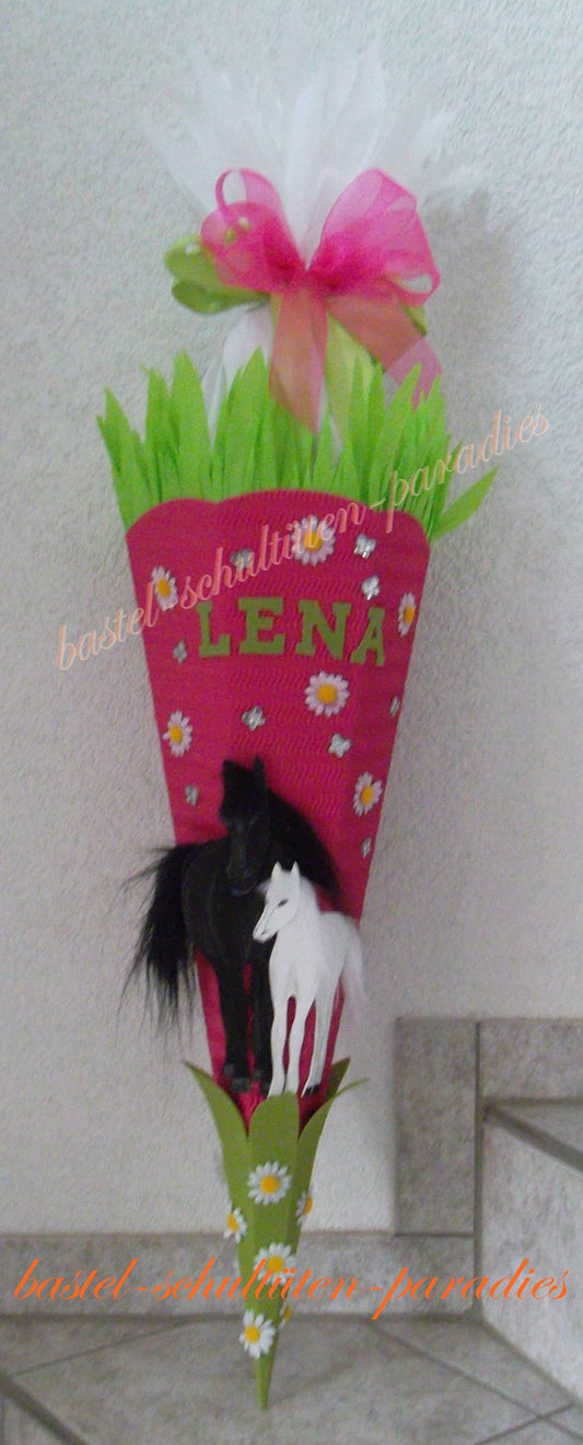 Schultüten Bastelset Pferde schw.+weiß mit gr. Margeriten/ pink-grün