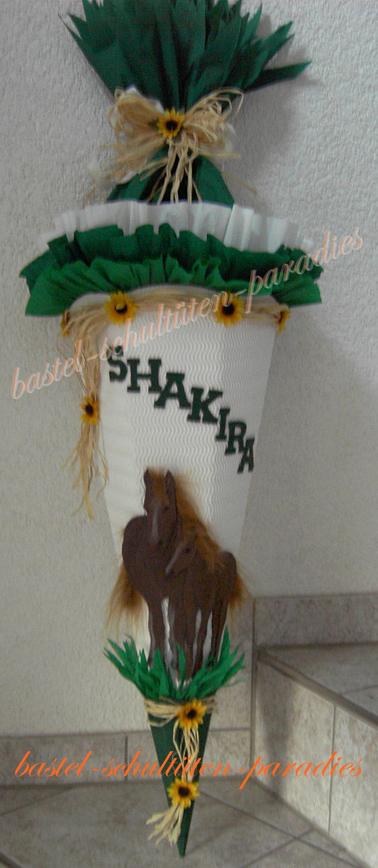 Schultüten Bastelset Pferde mit Sonnenblumen / weiß-grün