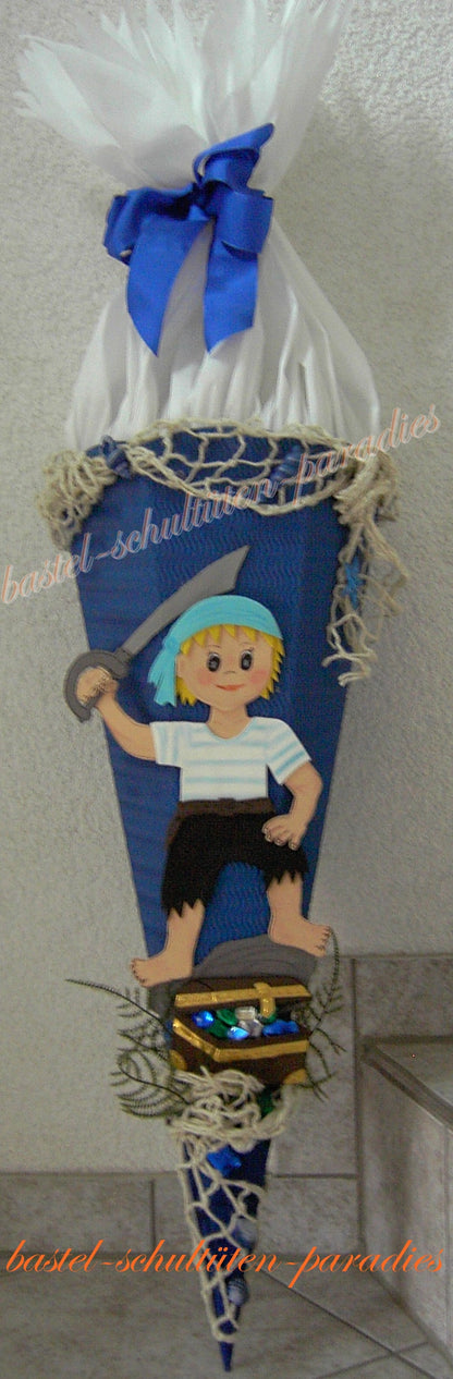Schultüten Bastelset Pirat mit Schatztruhe blau-weiß