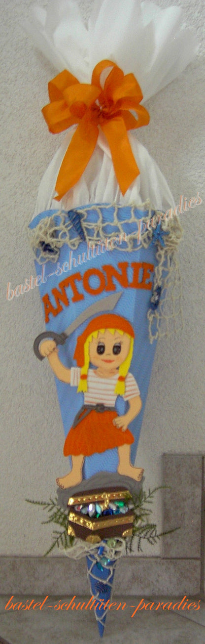 Schultüten Bastelset Piraten-Mädchen mit Schatztruhe hellblau-orange