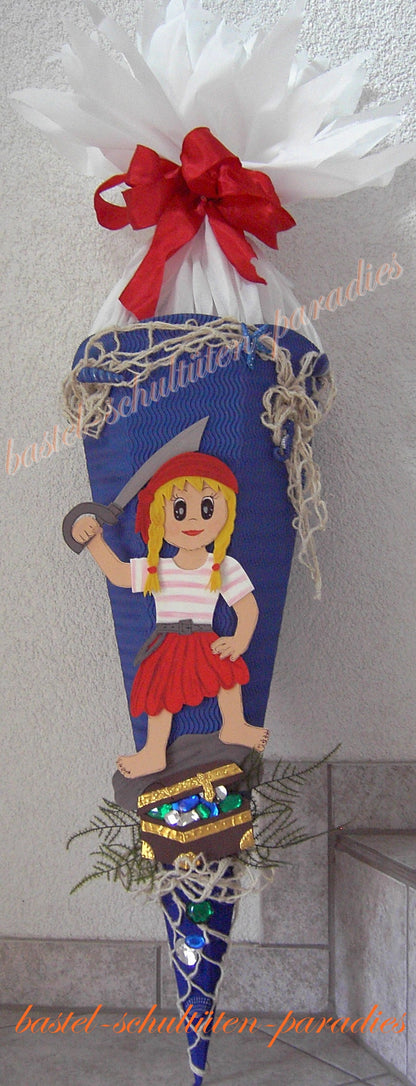 Schultüten Bastelset Piraten-Mädchen mit Schatztruhe blau-rot