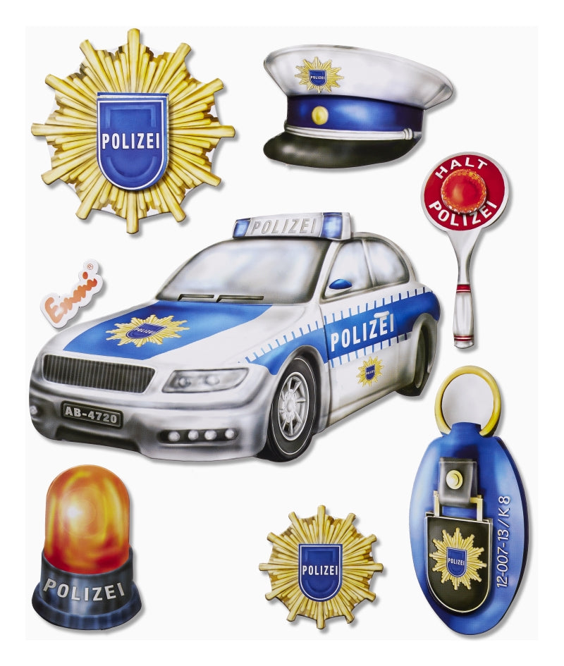 XXL-Sticker Polizei mit Polizeiauto, Mütze, Abzeichen, Anhaltekelle, Warnleuchte und Autoschlüssel, HobbyFun HF3452543