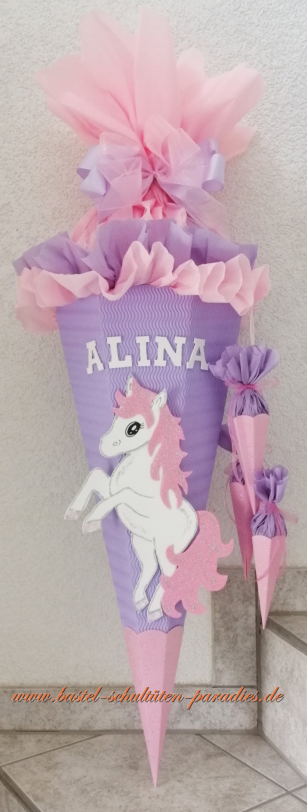 Schultüten Bastelset Einhorn Pony flieder-rosa-weiß-Glitter mit 3 kleinen Tüten zum Anhängen